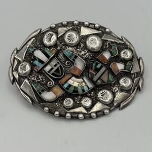 Zuni Native American Sterling Silver Belt Buckle The Rainbow Man Mosaic Hallmark